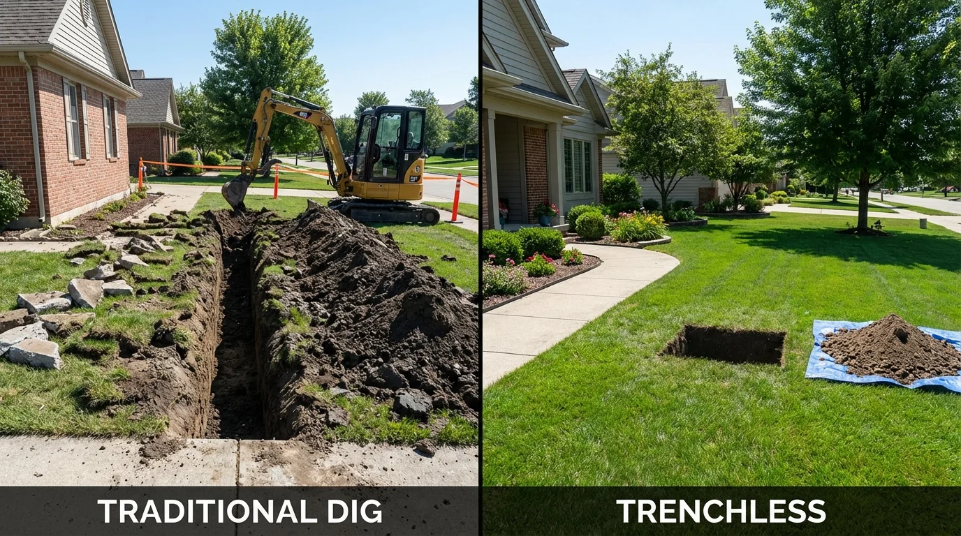 Trenchless sewer repair with minimal yard damage versus traditional excavation in Goliad, TX