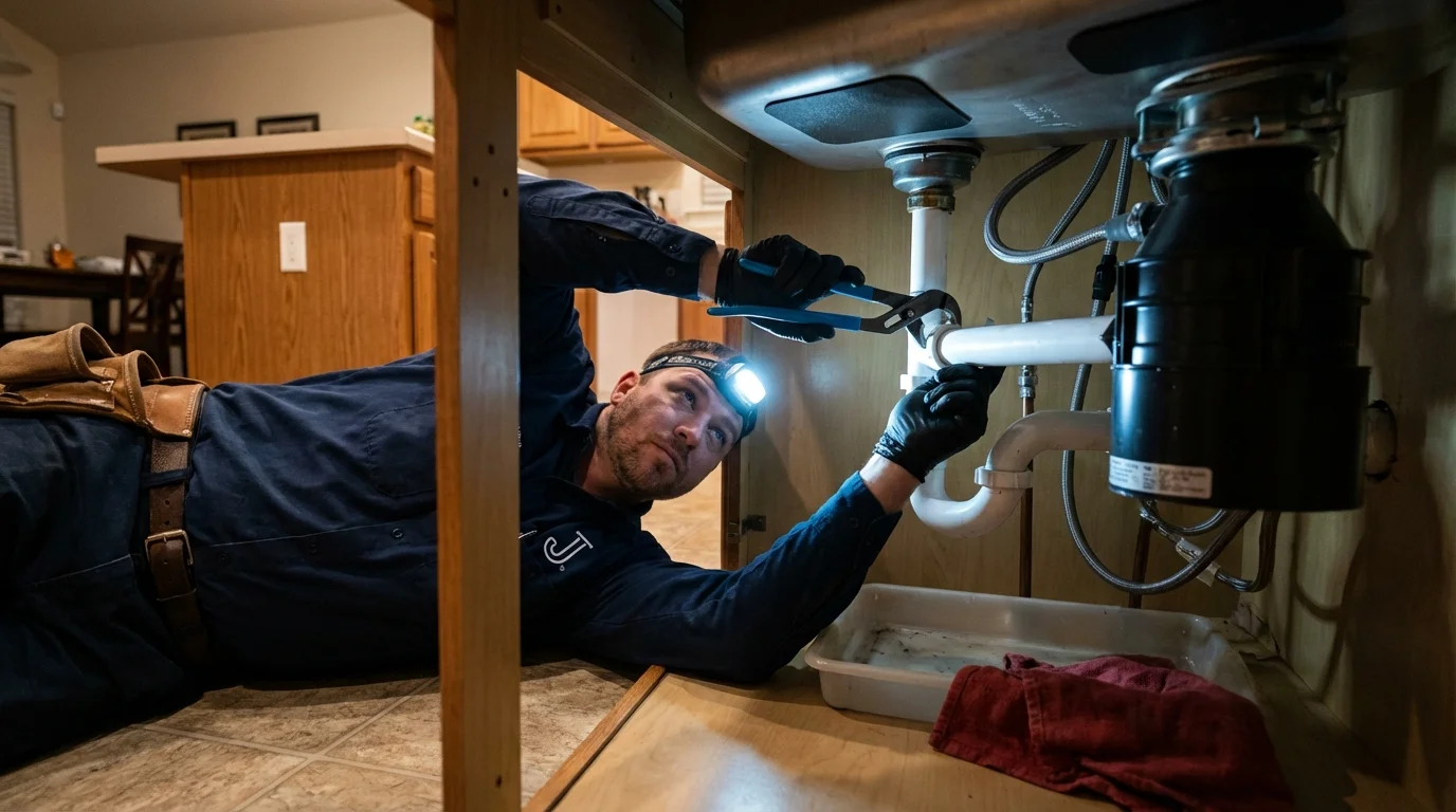 P-trap and supply line connections under a kitchen sink showing a common leak point in Goliad, TX